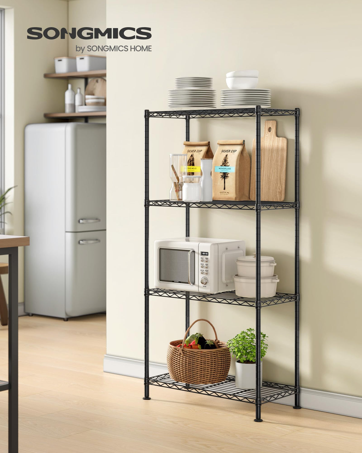 SONGMICS Storage Shelf, Metal Wire Shelving Unit, Adjustable Shelves, for Garage, Bedroom, Living