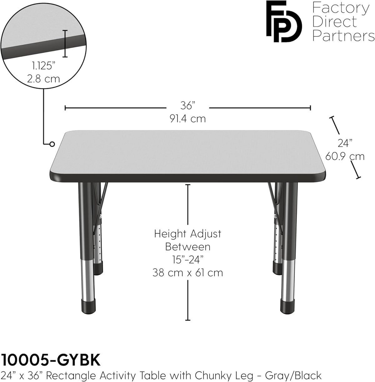 FDP Rectangle Activity School and Classroom Kids Table (24 x 36 inch), Chunky Toddler Leg