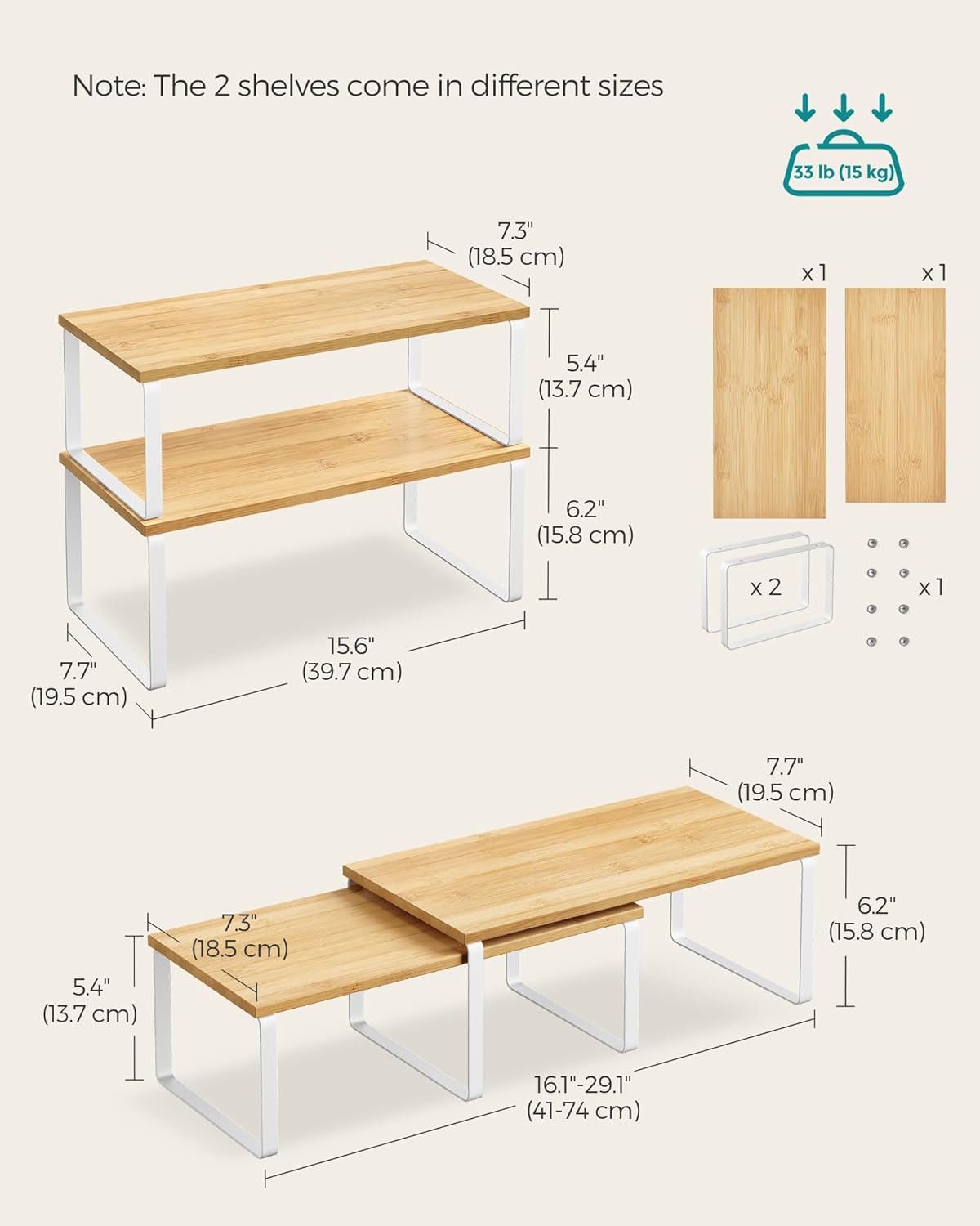 SONGMICS Cabinet Organizer Shelf, Set of 2 Kitchen Counter Shelves, Kitchen Storage, Spice Rack