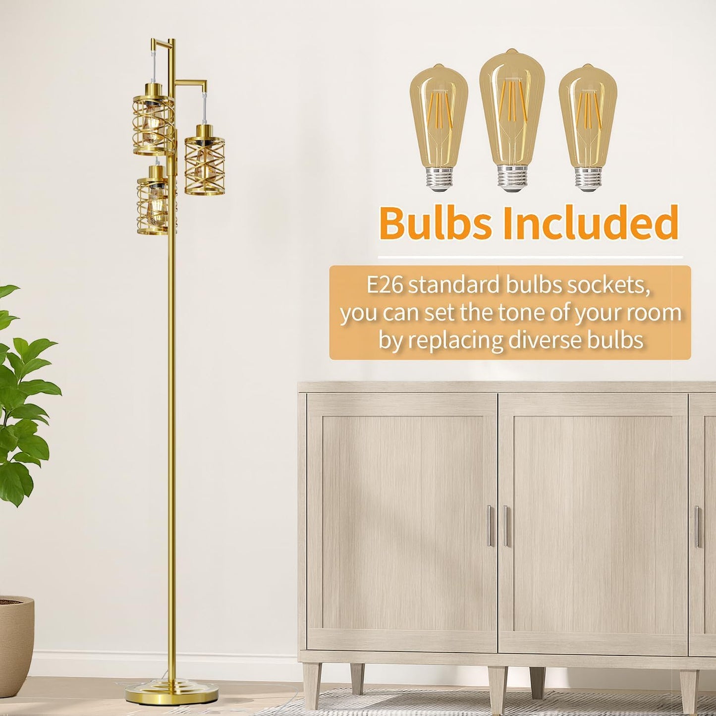 Oneach 70" Industrial Floor Lamp, Stepless Dimmable Standing Lamp with 3 Bulbs, Farmhouse Corner
