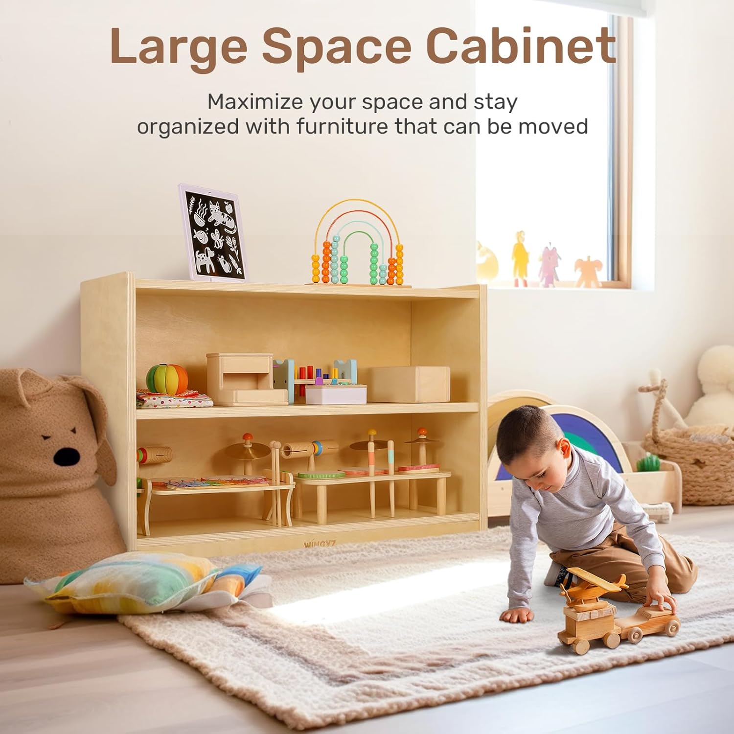 wingyz Wooden Storage Cabinet, 2-Tier Kids Toy Storage Organizer, Spacious Montessori Kids