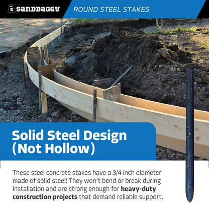 Sandbaggy Round Steel Concrete Form Stakes with Nail Holes - Rust Resistant Coating - Removable