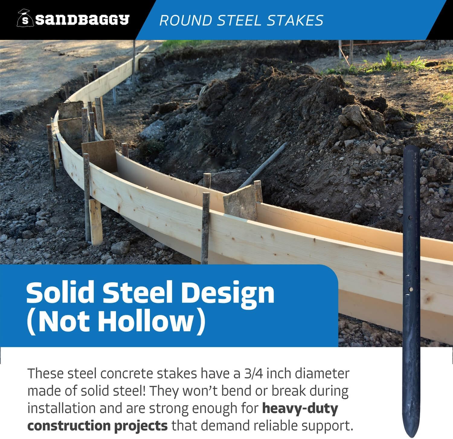 Sandbaggy Round Steel Concrete Form Stakes with Nail Holes - Rust Resistant Coating - Removable
