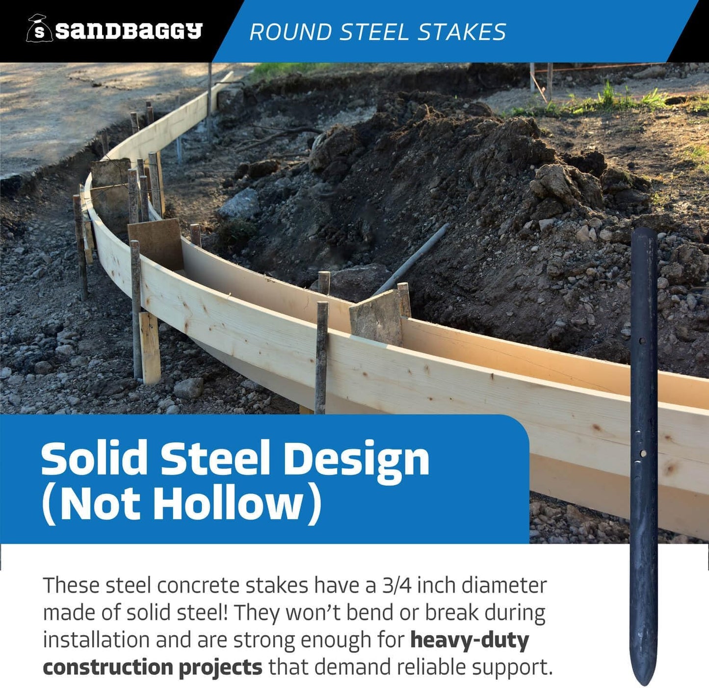 Sandbaggy Round Steel Concrete Form Stakes with Nail Holes - Rust Resistant Coating - Removable