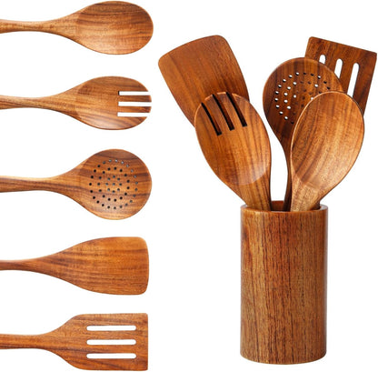 6 PCS Wooden Spoons for Cooking - Teak Wooden Cooking Utensils Set with Holder - Non-Stick, Soft