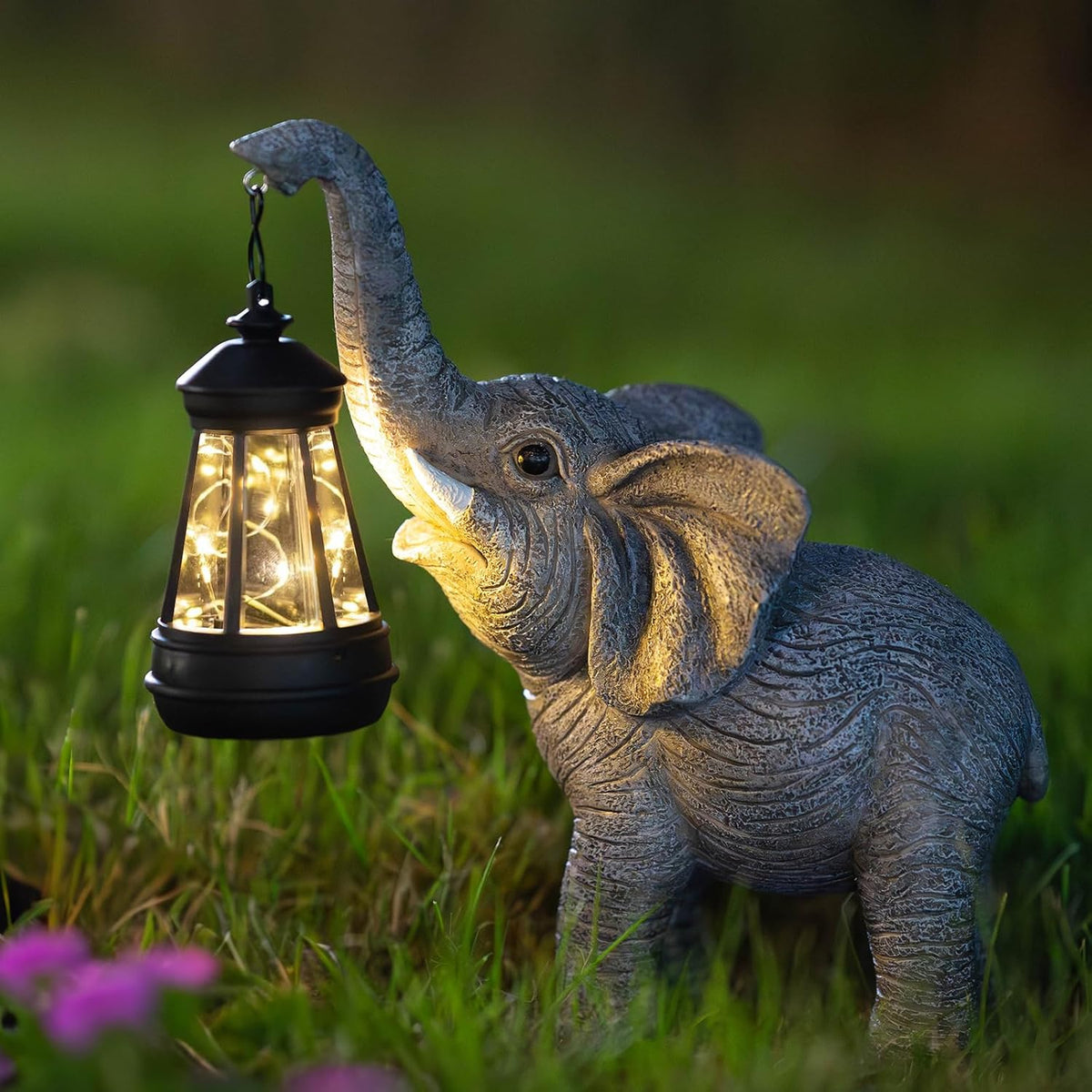 Solar Garden Statue Lights Elephants Figurine with Solar Lantern, Outdoor Yard Decorations for