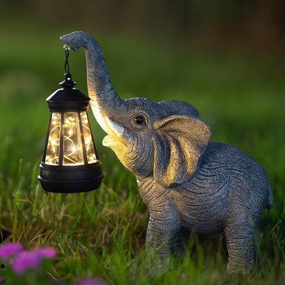 Solar Garden Statue Lights Elephants Figurine with Solar Lantern, Outdoor Yard Decorations for