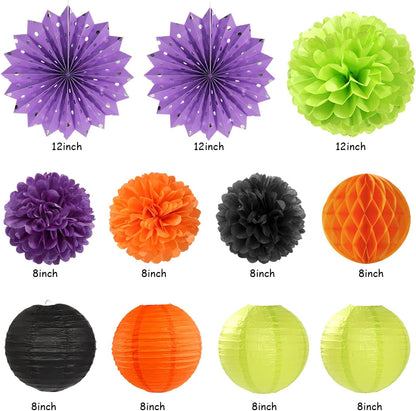 Black-Green Orange-Purple Halloween Birthday Party-Decorations - 21pcs Happy Banner,Paper Lanterns
