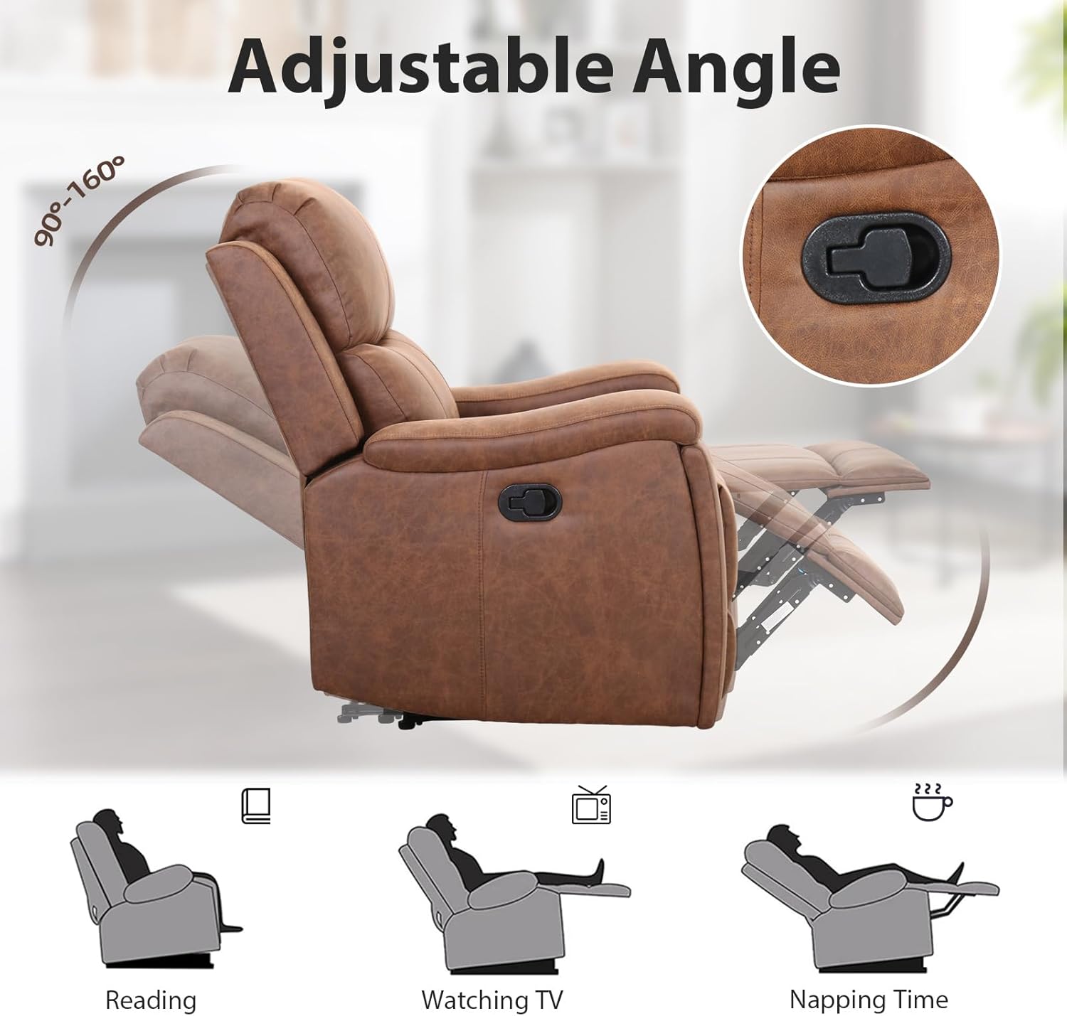 Brown Recliner Chair, Single Overstuffed Sofa Recliners, Breathable Faux Leather Manual Reclining