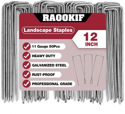RAOOKIF 12 Inch Galvanized Garden Landscape Staples, 20/50/100/200Pcs Garden Metal Stakes, 11 Gauge