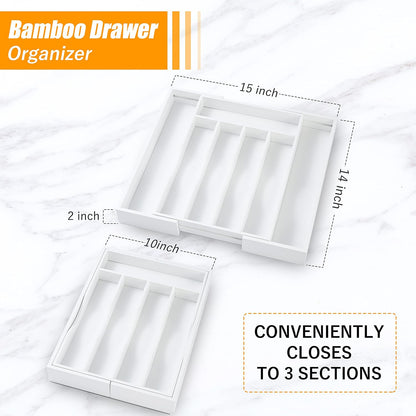 Bellsal White Silverware Organizer Kitchen Drawer Organizer Expandable Bamboo Utensil Holder