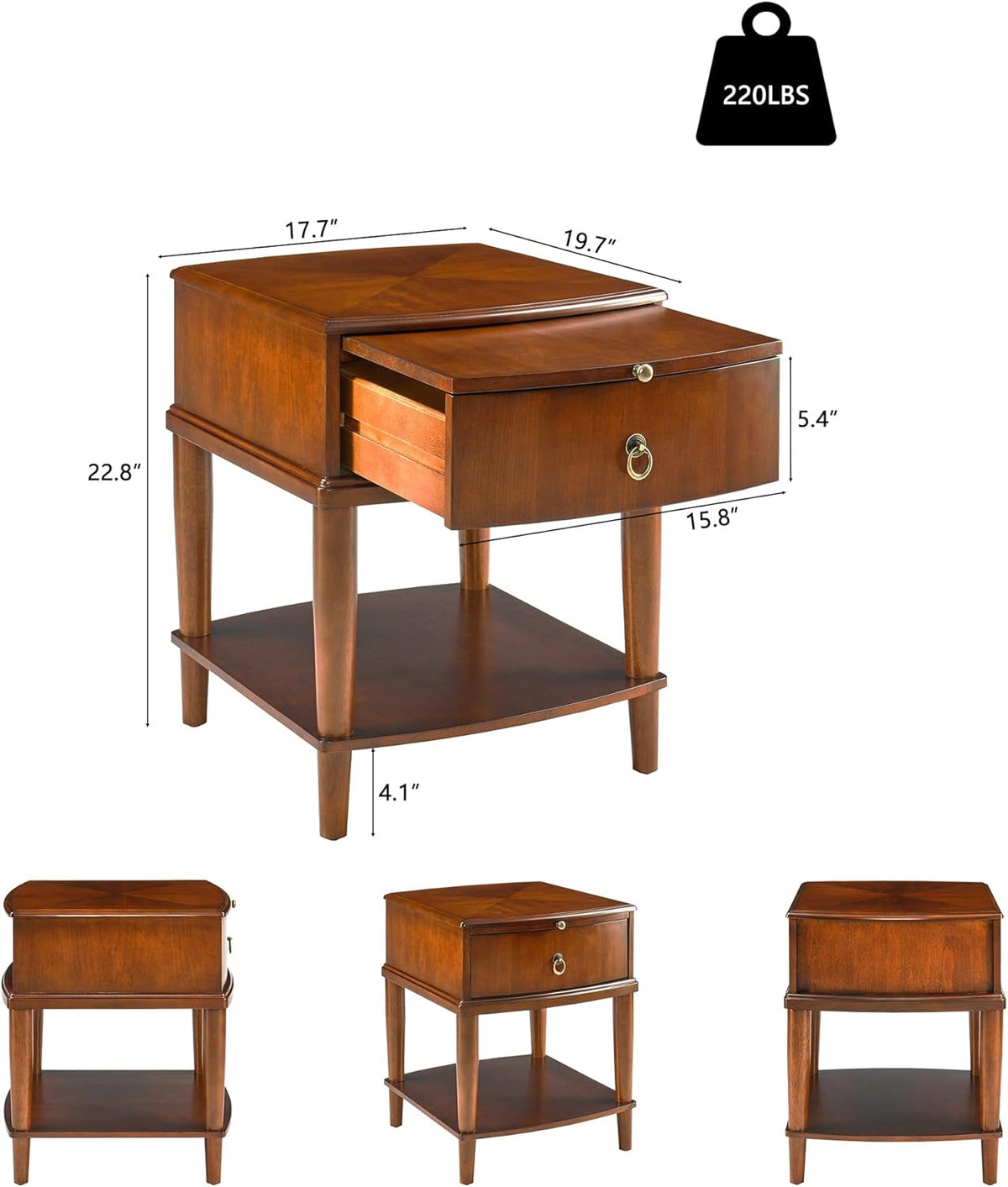 Set of 2 Solid Wood Square End Table with Drawer, 2 Tier Wooden Sofa Side Table with Sliding Shelf