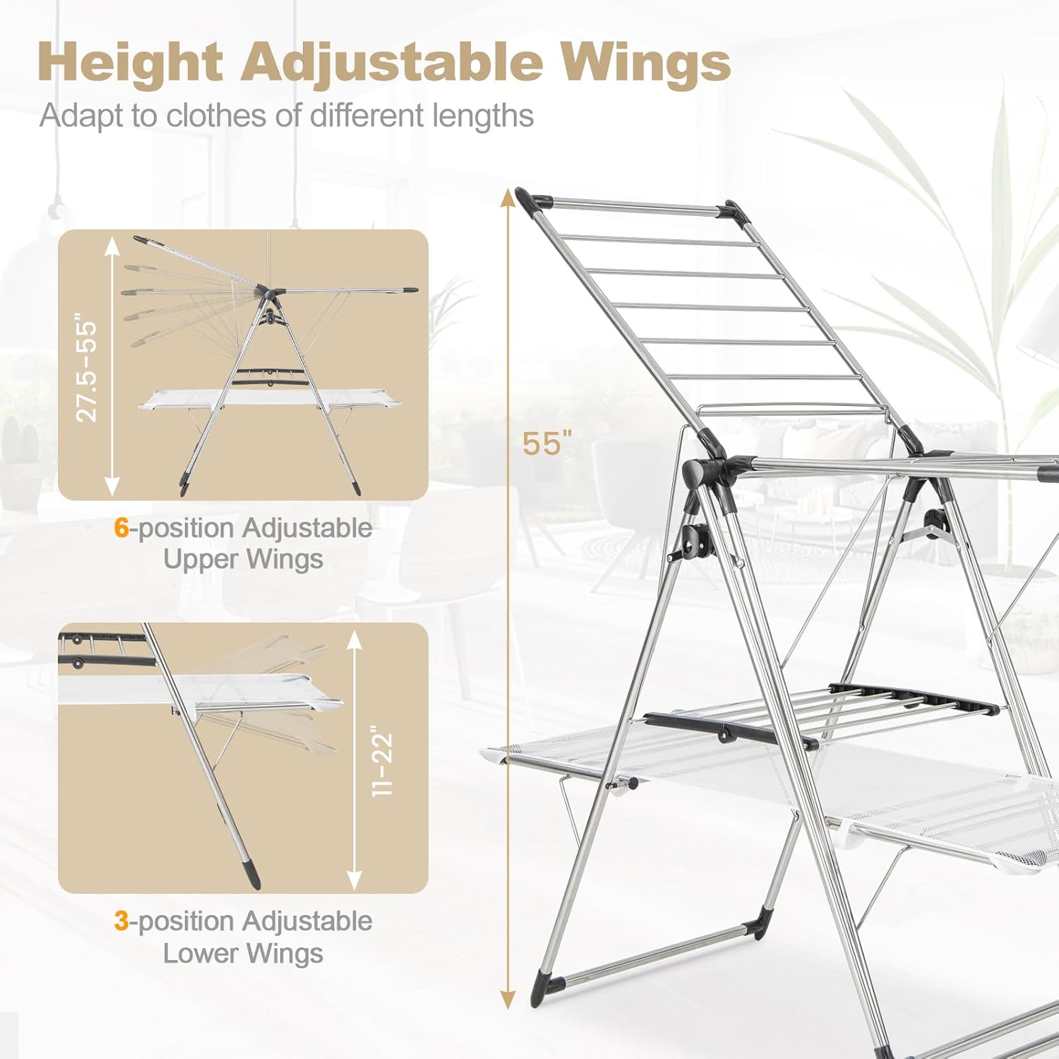 Tangkula Foldable Clothes Drying Rack, 2-Tier Laundry Drying Rack w/Tall Hanging Bar, Height