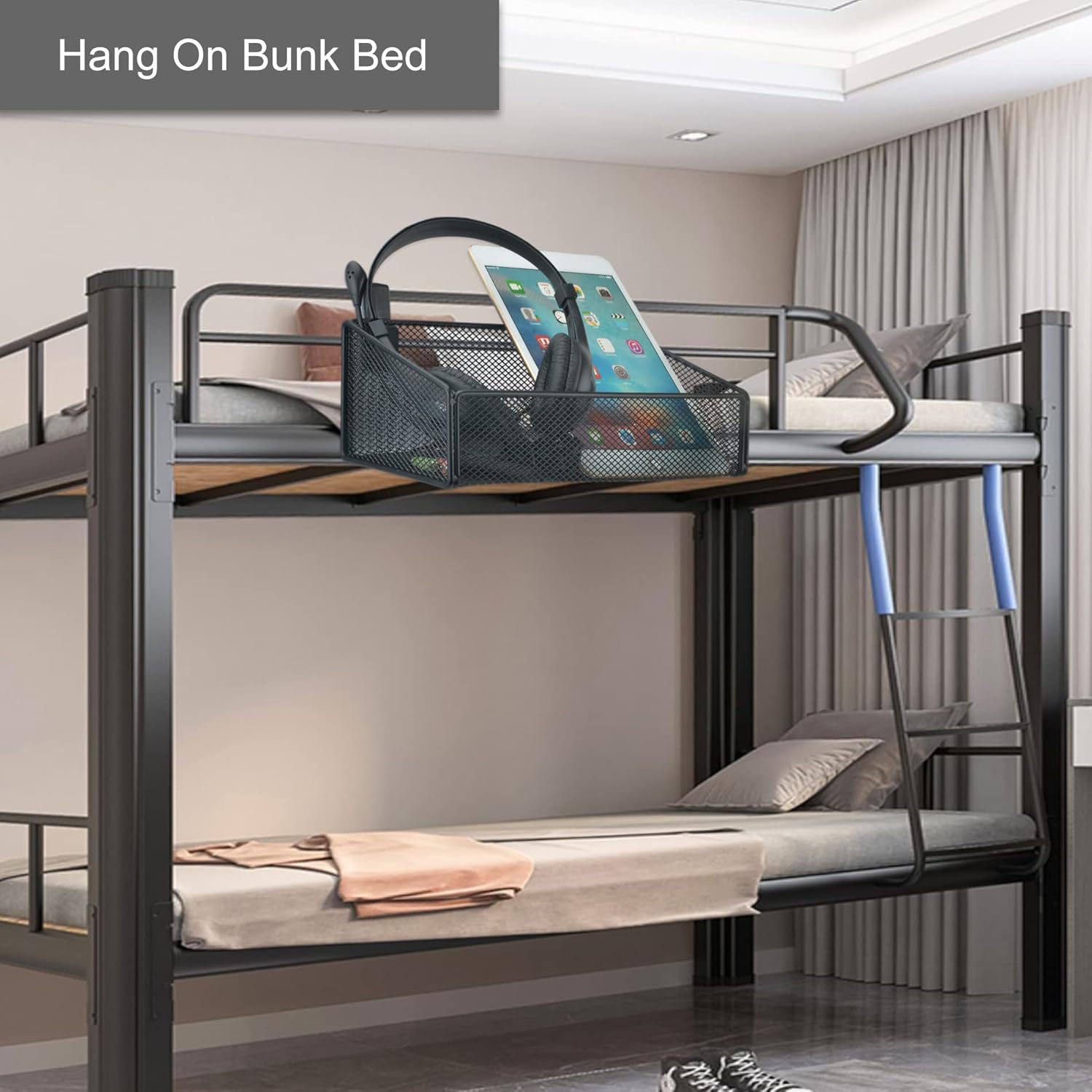Bedside Caddy Hanging Storage Basket Beside Shelf Metal Organizer for Collage Dorm Bunk