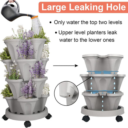 DUNCHATY Stackable Planter, Vertical Garden Planter with Wheels and Tools, Self Watering Strawberry