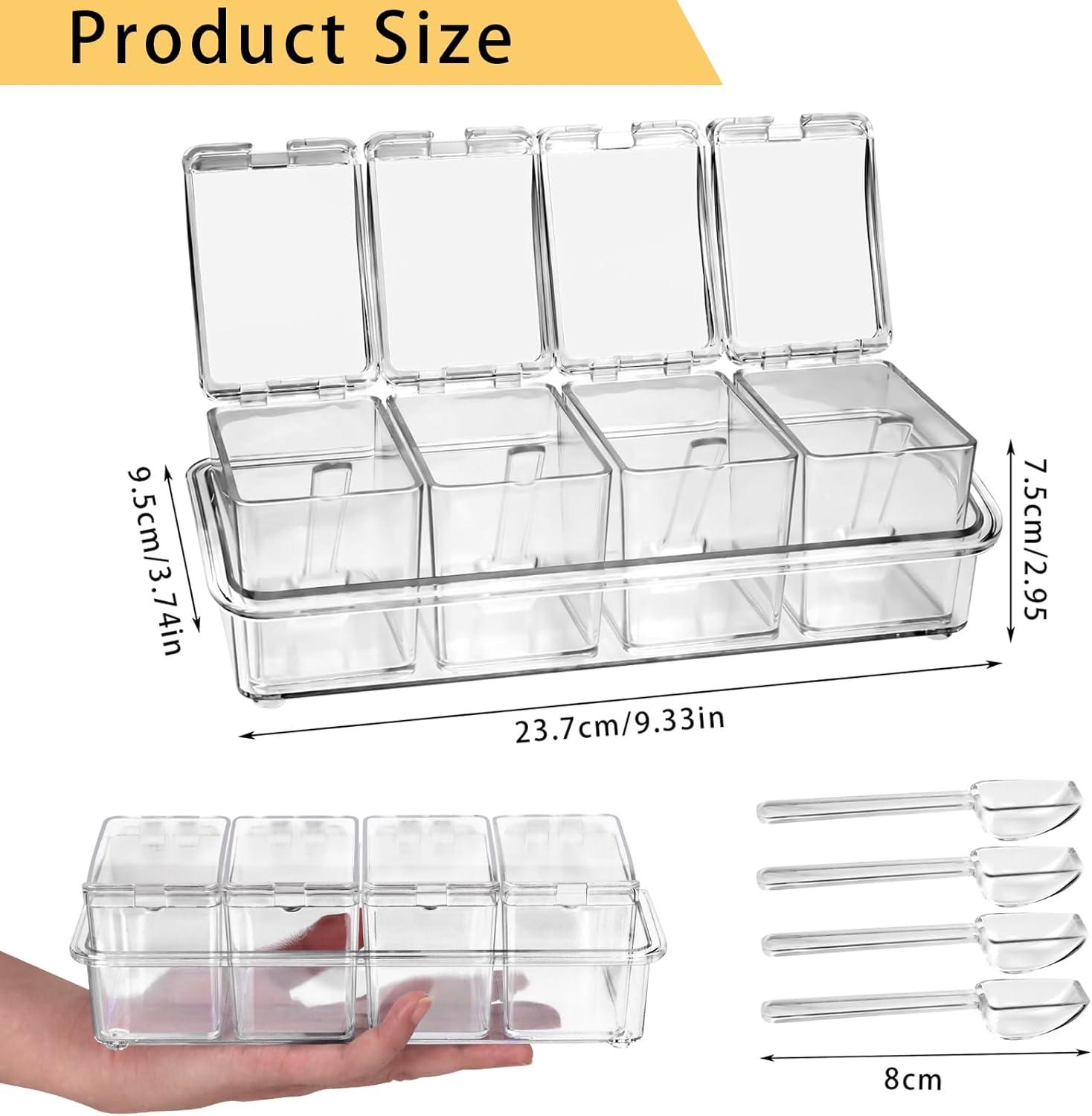 4-Cell Clear Seasoning Rack Spice Box, Storage Container Condiment Jars Acrylic Seasoning Box with