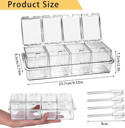 4-Cell Clear Seasoning Rack Spice Box, Storage Container Condiment Jars Acrylic Seasoning Box with