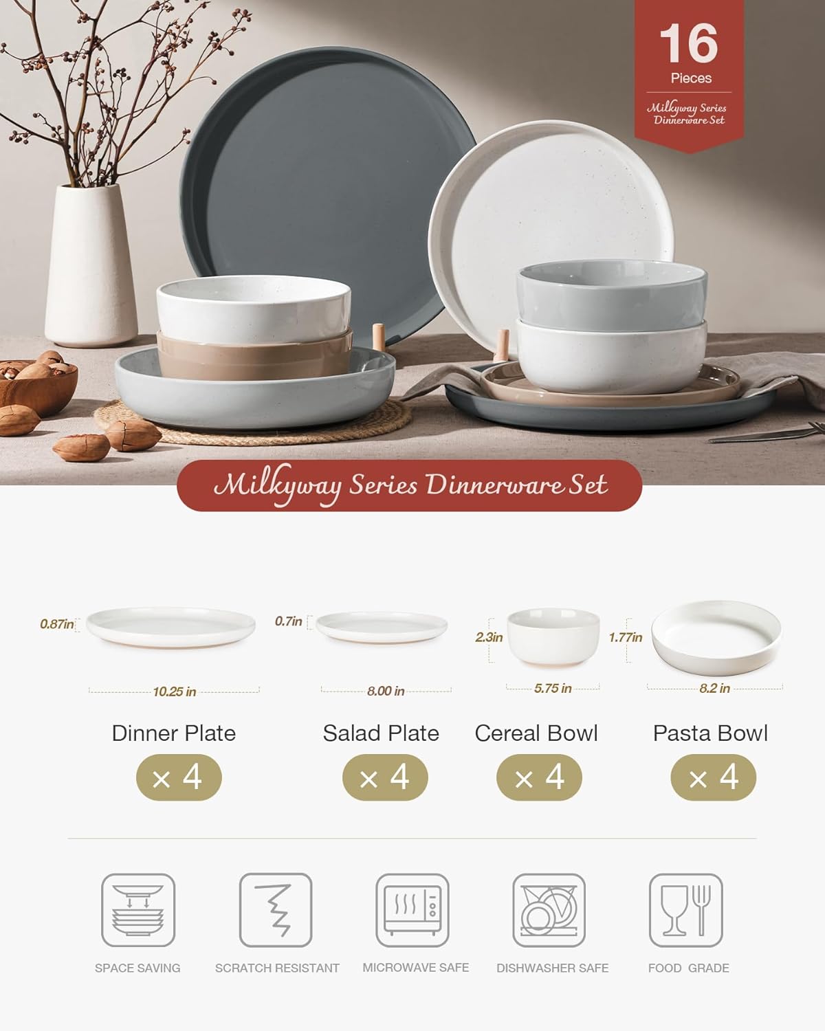 Famiware Milkyway Stoneware Dinnerware Sets with Pasta Bowls, Service for 4 (16 Pieces), Plates and