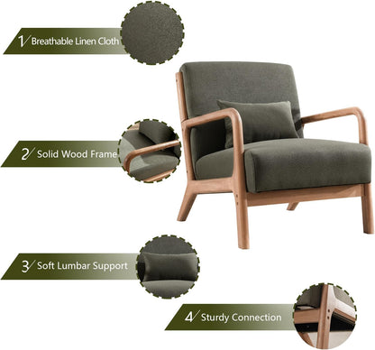 INZOY Mid Century Modern Accent Chair with Wood Frame, Upholstered Living Room Chairs with Waist