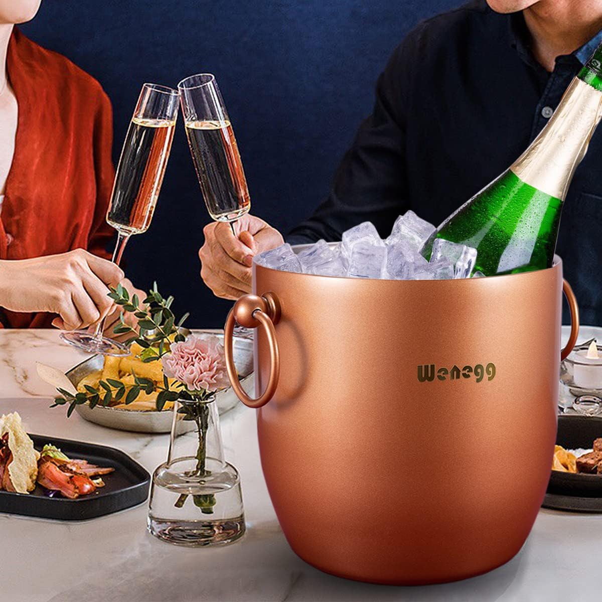 Ice Bucket with Lid, Scoop, Tongs and Strainer - Well Made Insulated Stainless Steel Keep Ice