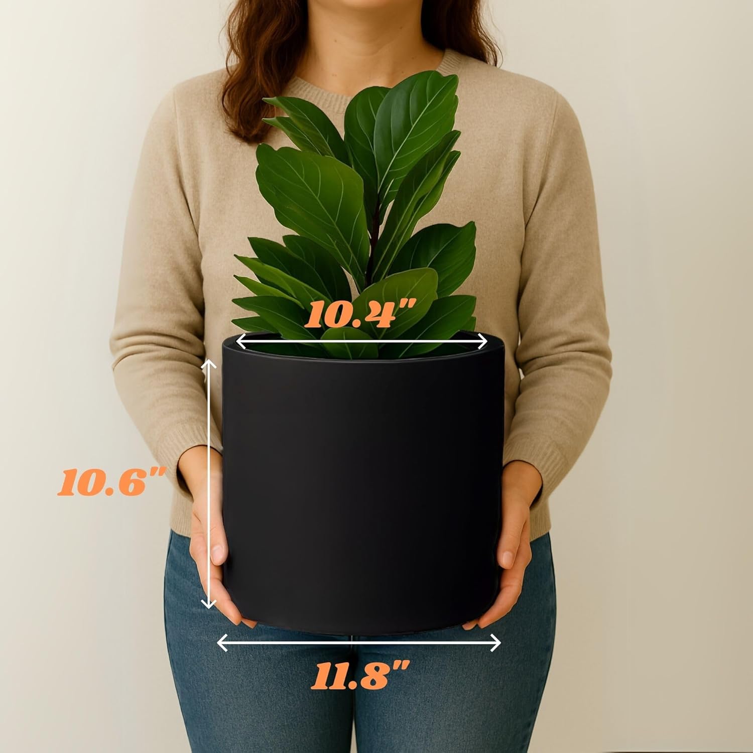 Fox & Fern Large 12 Inch Black Plant Pot — Premium Lightweight Fiberstone Matte Black Planter w