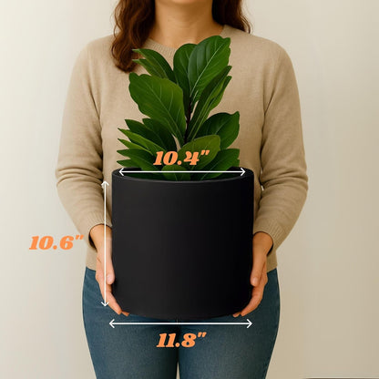 Fox & Fern Large 12 Inch Black Plant Pot — Premium Lightweight Fiberstone Matte Black Planter w