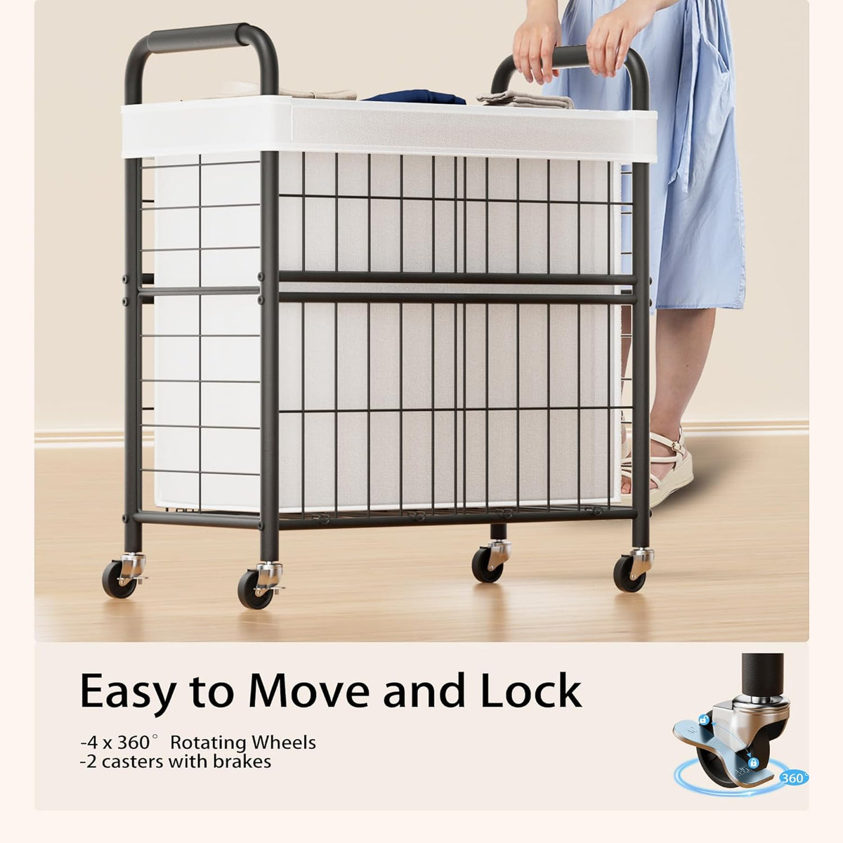 Laundry Hamper 3 Section, 145L Rolling Laundry Sorter Basket with Wheels, 3 Compartment Clothes