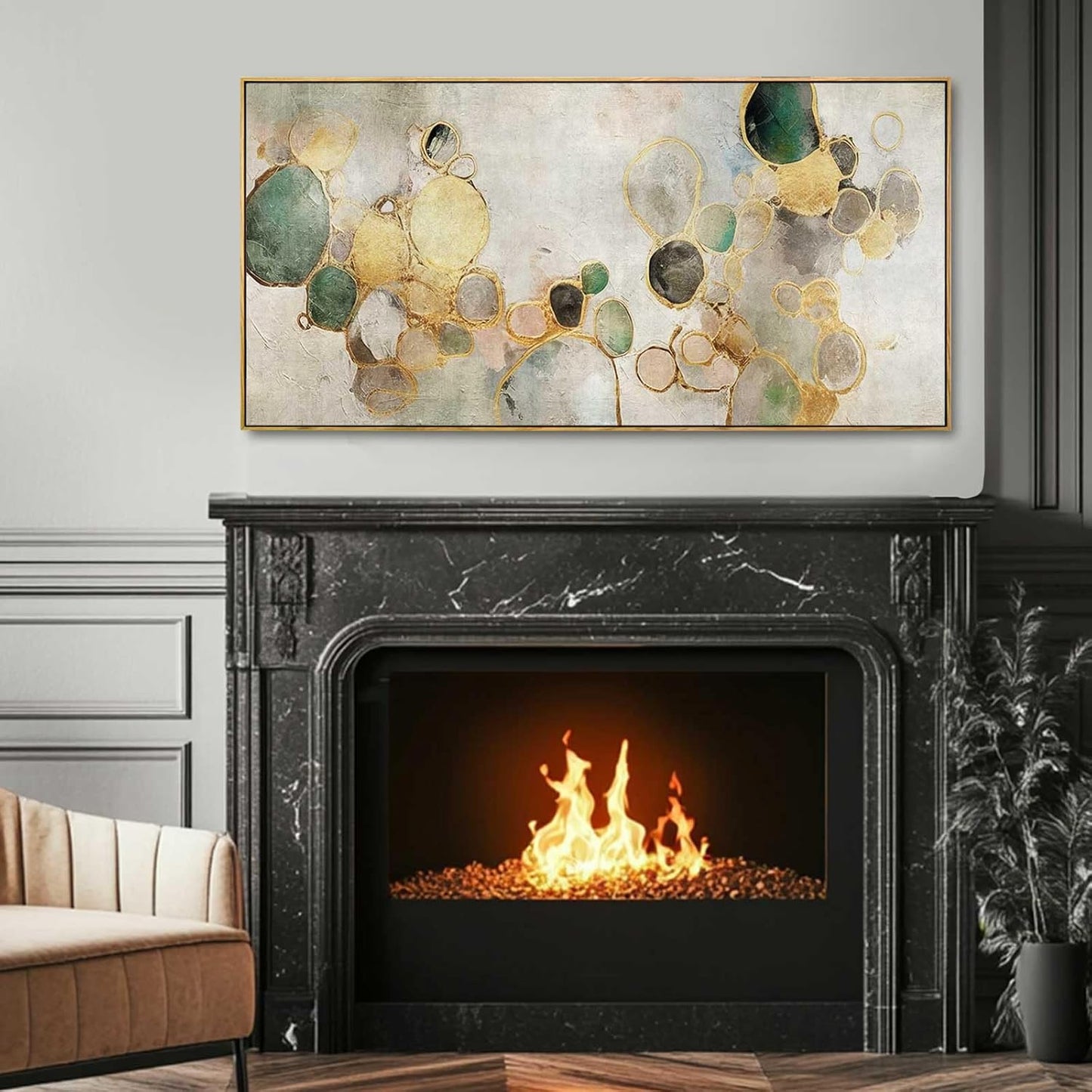 Gold Circle Modern Artwork Framed Abstract Wall Art Green Canvas Decor 24"x48" Wall Decorations for