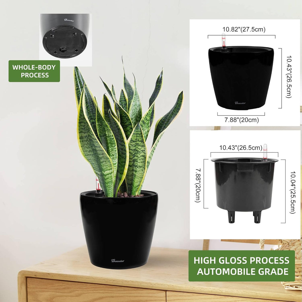 Dexceder 11x10 Inches High Gloss Self Watering Planter Indoor Outdoor, Inner Pot Design, Thickened