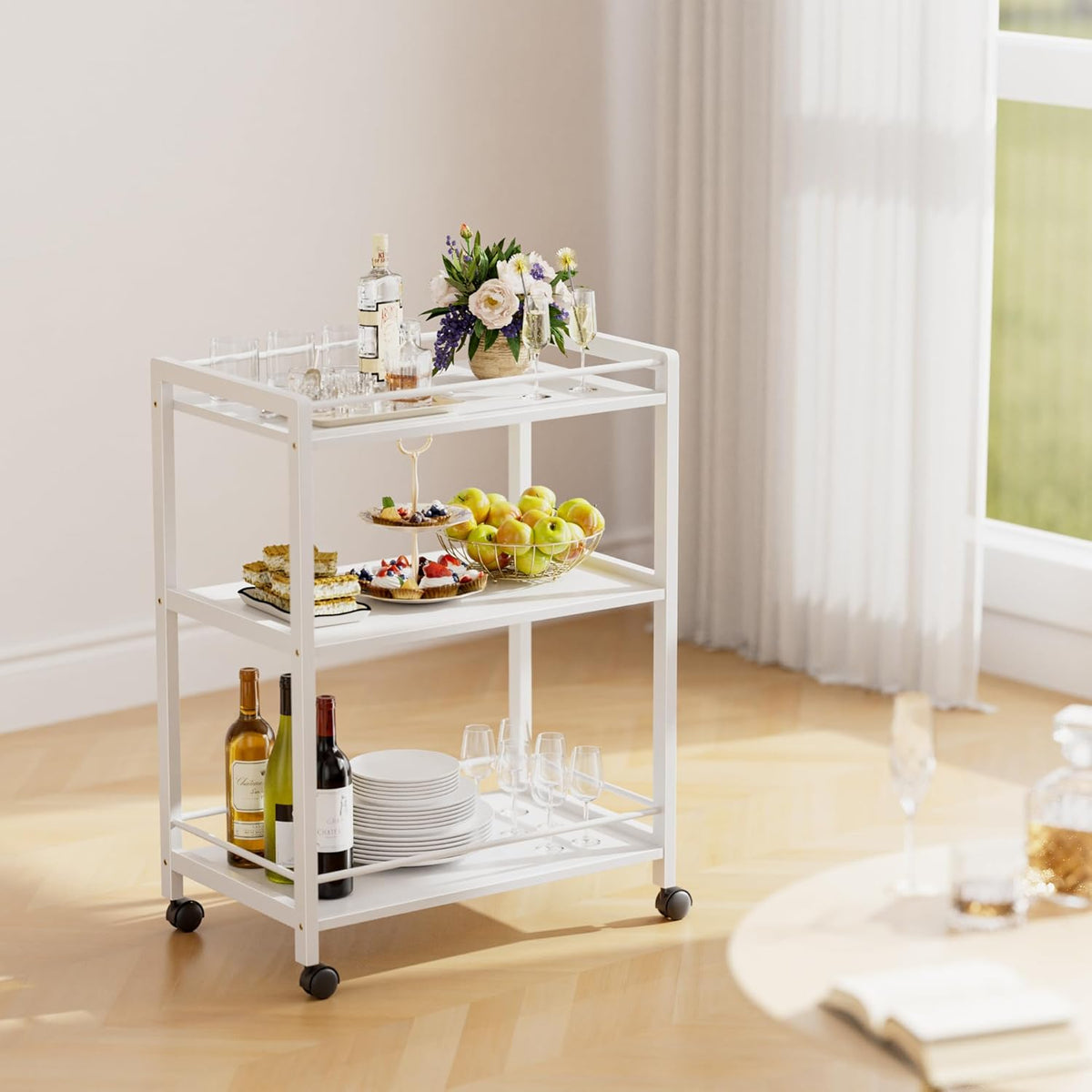HITNET White Bar Cart, Home Bar Serving Cart, Kitchen Trolley on Wheels with Storage, 3 Tier
