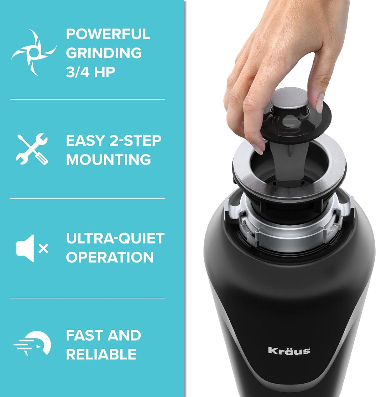 KRAUS WasteGuard 3/4 HP Ultra-Quiet Garbage Disposal with Quick Connect, Kitchen Sink Drain Cover
