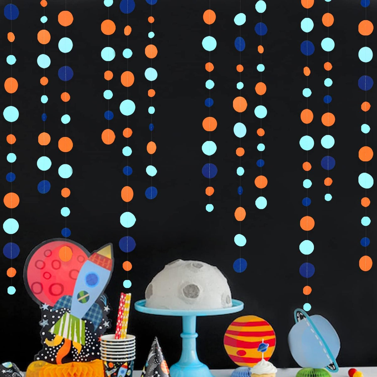 46 Ft Navy Blue Orange and Teal Circle Dots Garland Royal Blue Orange Aqua Polka Dot Hanging Paper