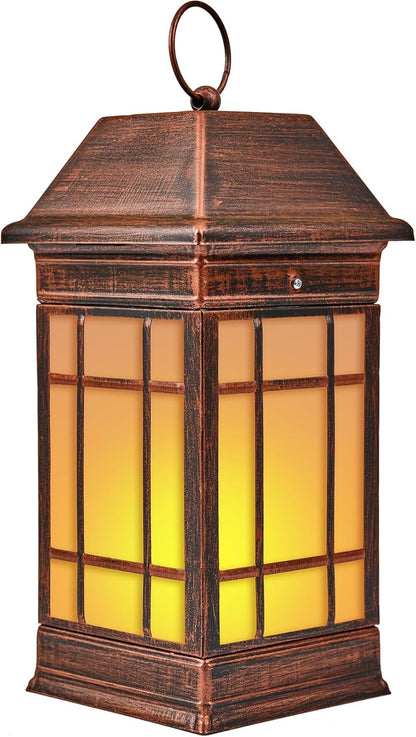 14" Solar Lantern Outdoor Waterproof, Glass Flickering Flame Solar Lanterns, Hanging Metal Lantern