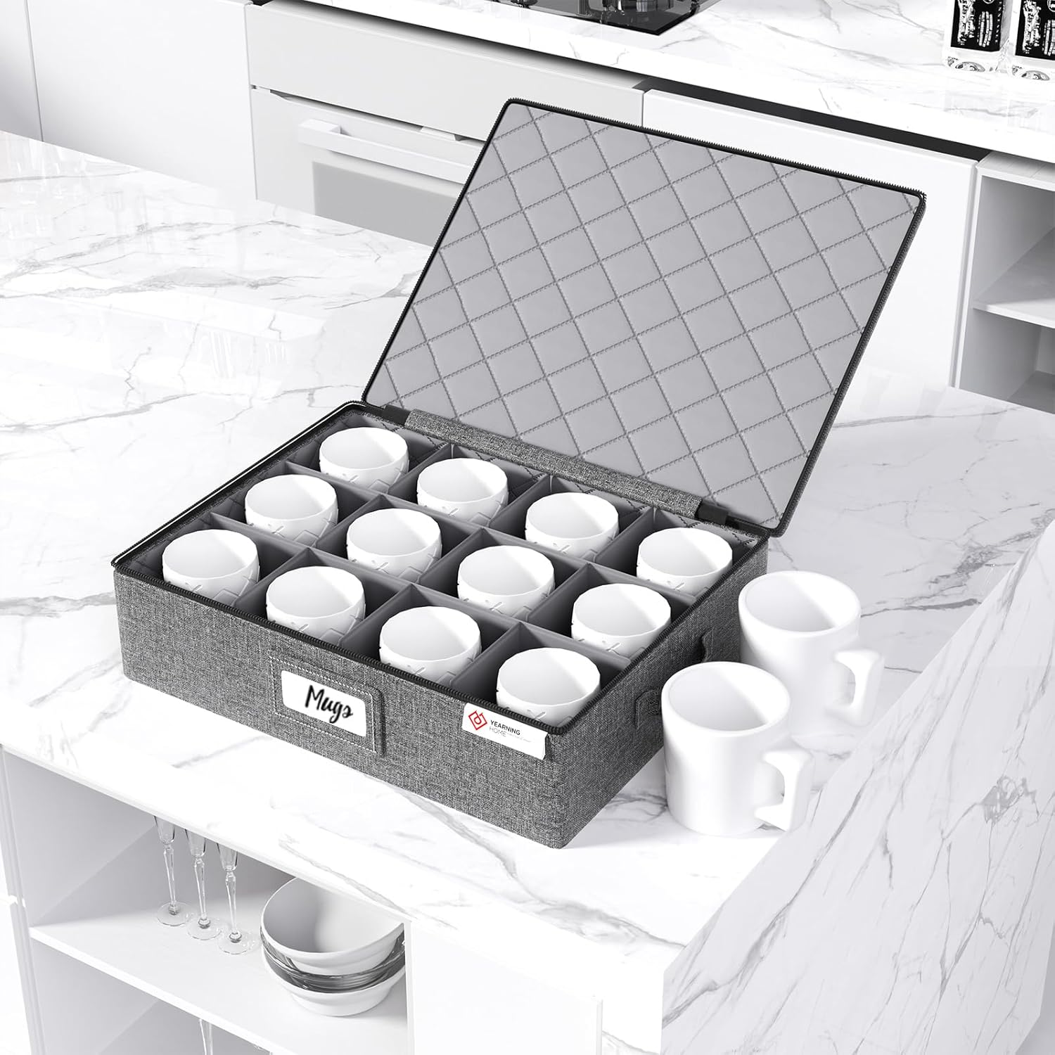 YearningHome Cup and Mug Storage Box with Hard Shell and Dividers for Coffee Mugs,Tea Cups and