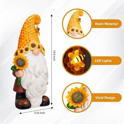 Garden Gnomes Outdoor - Sunflower Gnome Statue with Solar LED Lights for Yard, Patio, Lawn