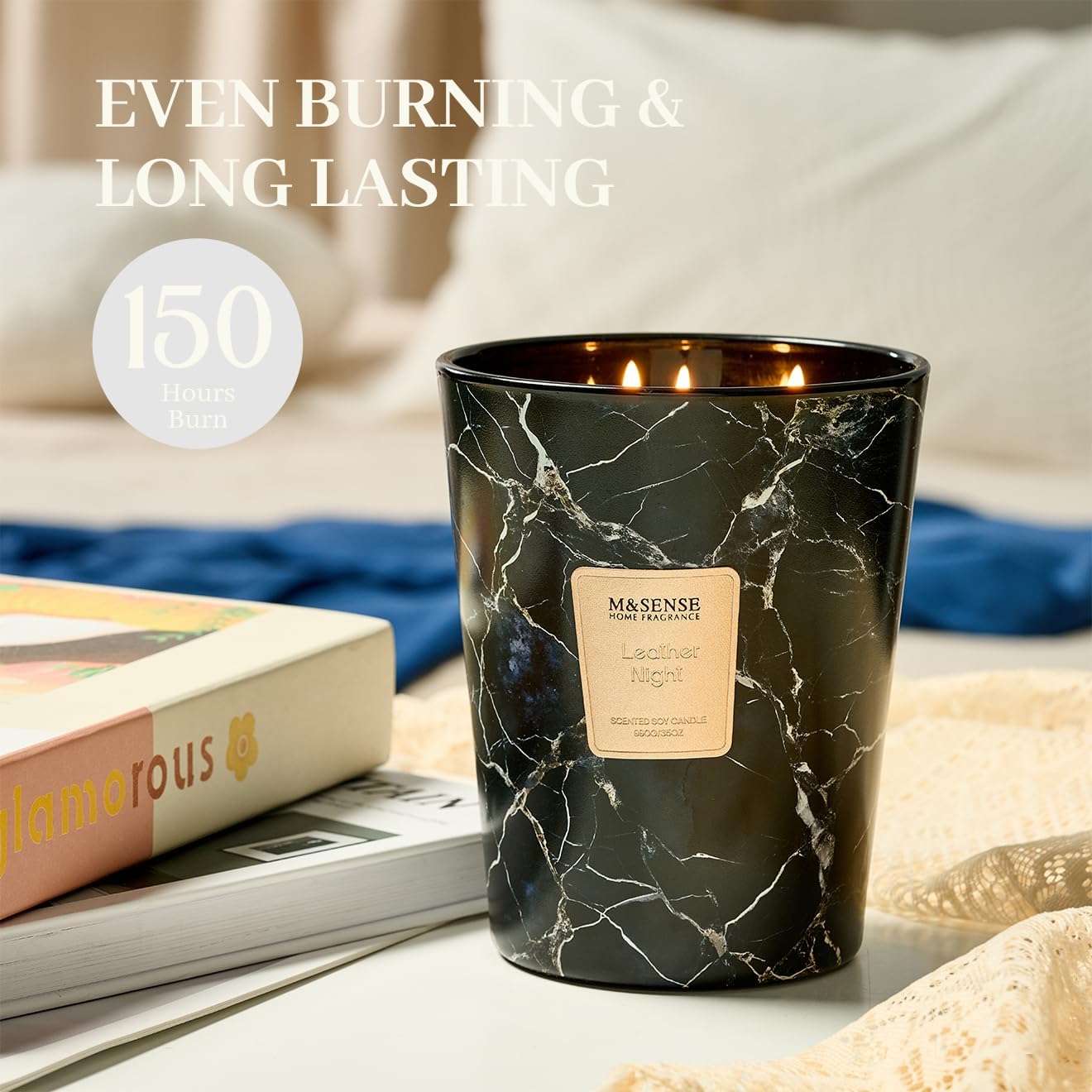 M&SENSE LeatherNight Scented Candles for Home, 3-Wick Highly Scented Jar Candles, Extra Large