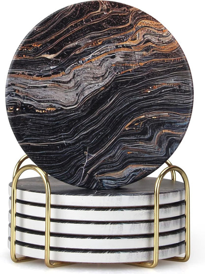 White Marble Style Ceramic Coasters Set of 6 with Holder Round Modern Coffee Table Decor Drink