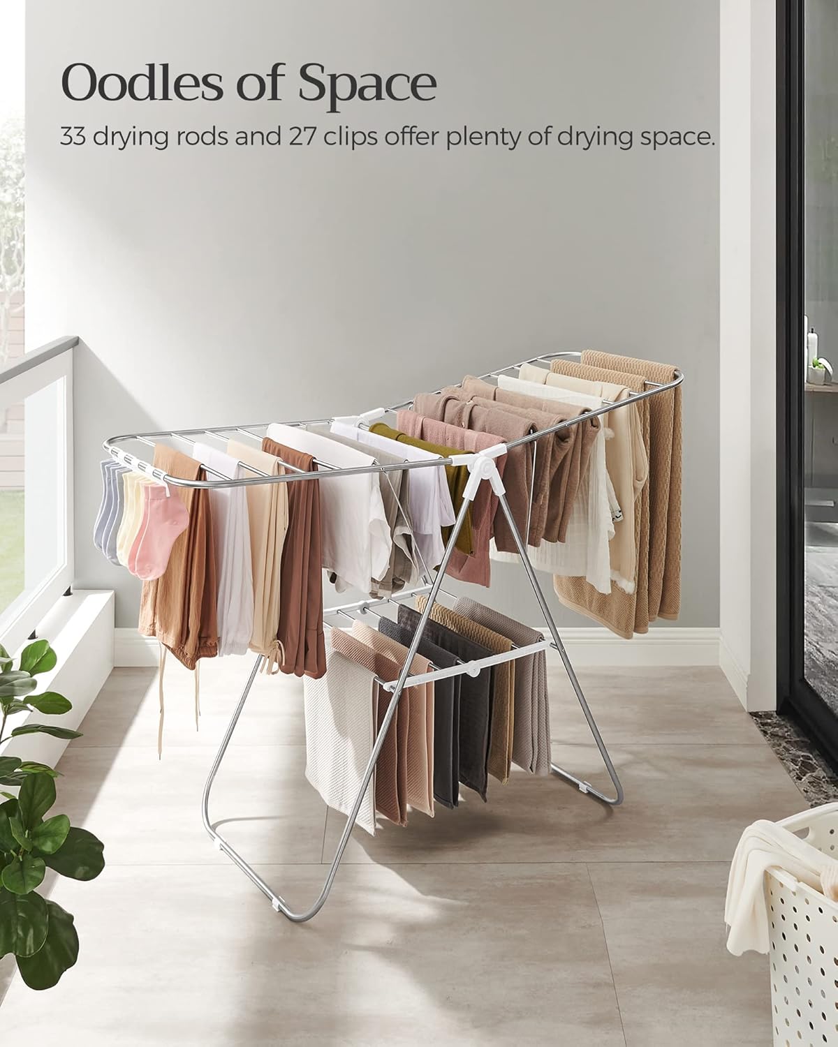 SONGMICS Clothes Drying Rack, with Sock Clips, Metal Laundry Rack, Foldable, Space-Saving