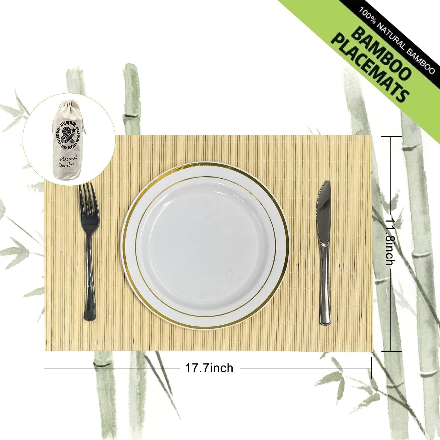 ANDSTAR Set of 12 Pcs Bamboo Placemats - Natural & Brown & Black, Anti-Slip, Heat-Resistant
