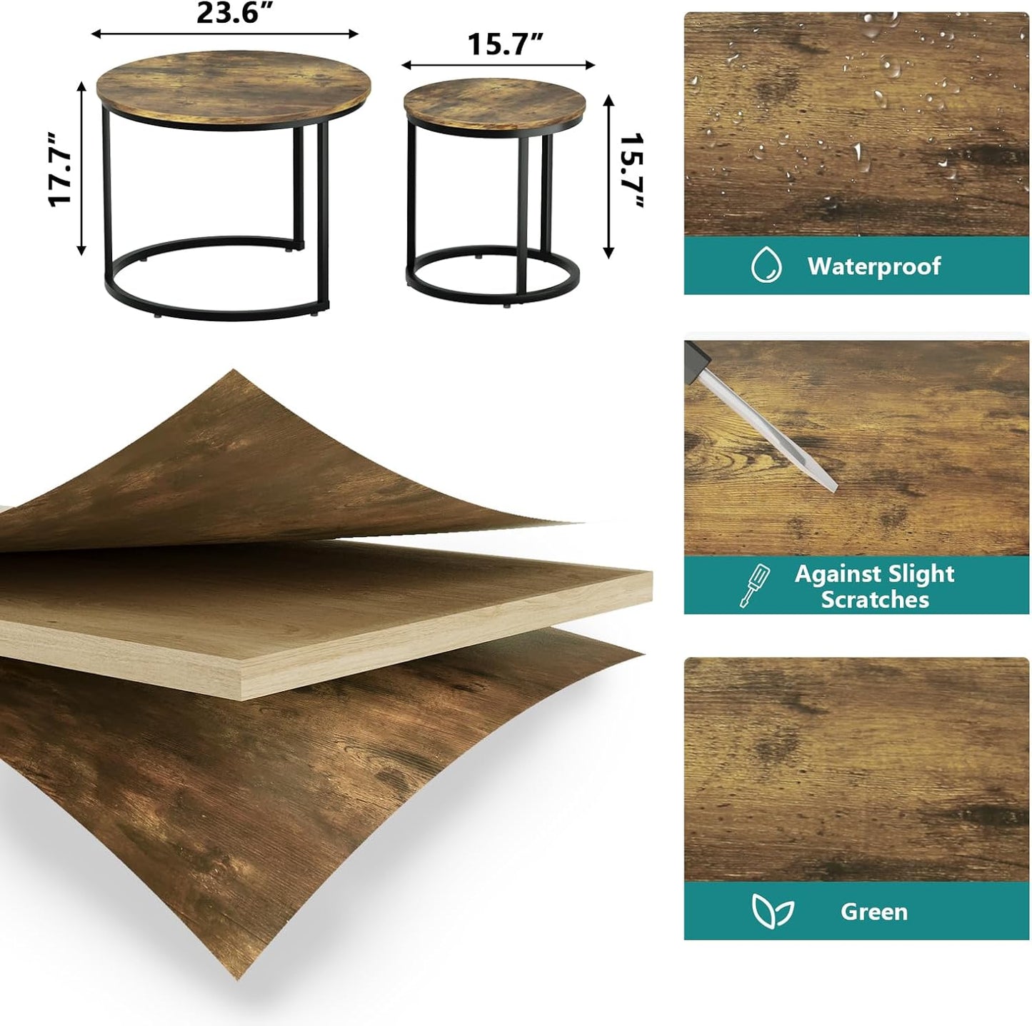 Smuxee Nesting Coffee Table Set of 2, 23.6" Round Coffee Table Rustic Wood Top with Adjustable