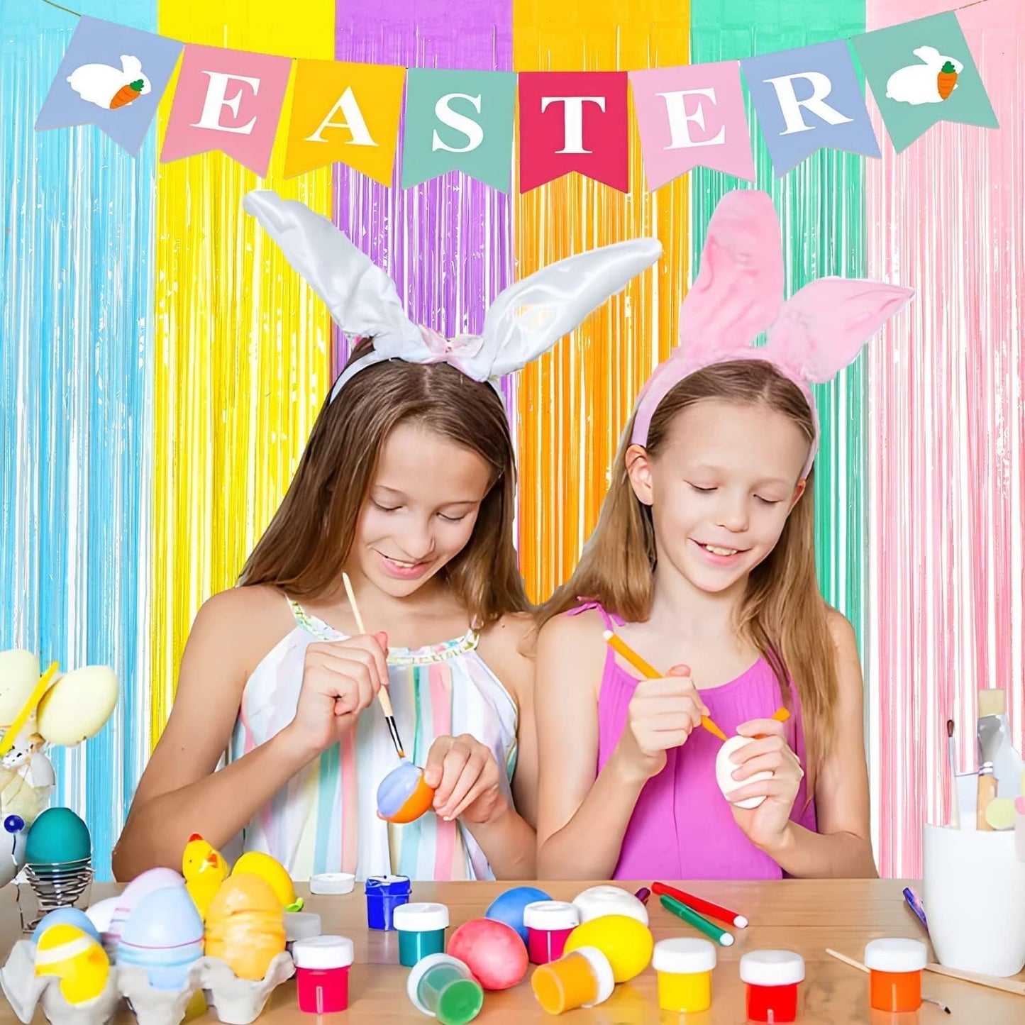 BRAVESHINE Tinsel Foil Fringe Curtains - 2Pcs 3.2x8.2ft Pastel Colourful Photo Backdrop for Sweet