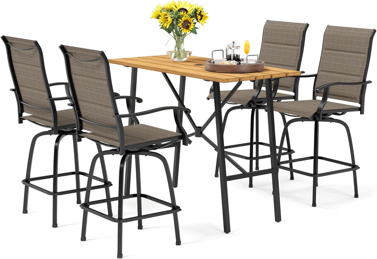 PHI VILLA 5 Piece Outdoor Bar Set, High Top Patio Dining Table and Chairs with 4 Swivel Padded Bar