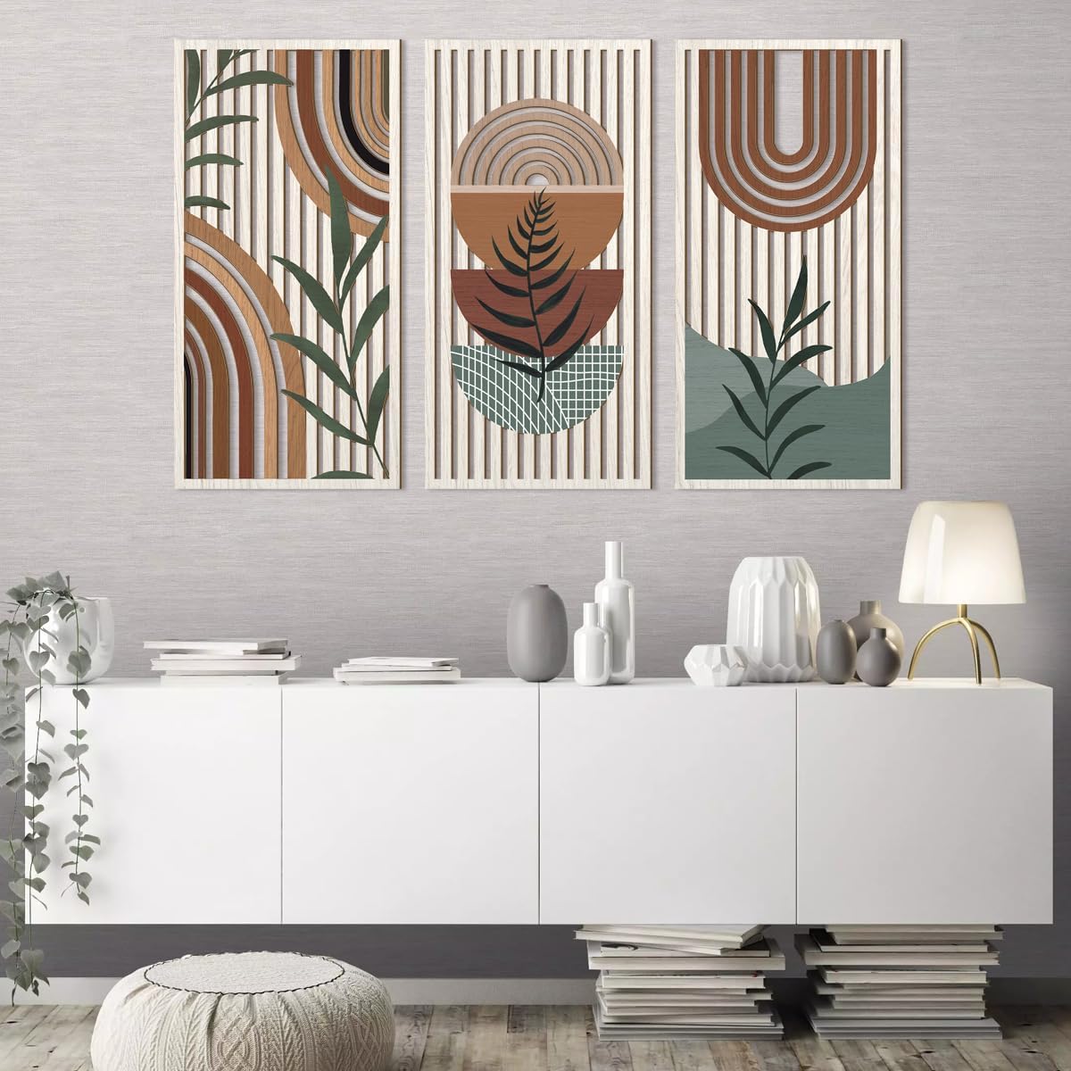 IARTTOP Large Abstract Geometric Wood Boho Wall Art Boho Wall Decor Set Mid Century Modern Wooden