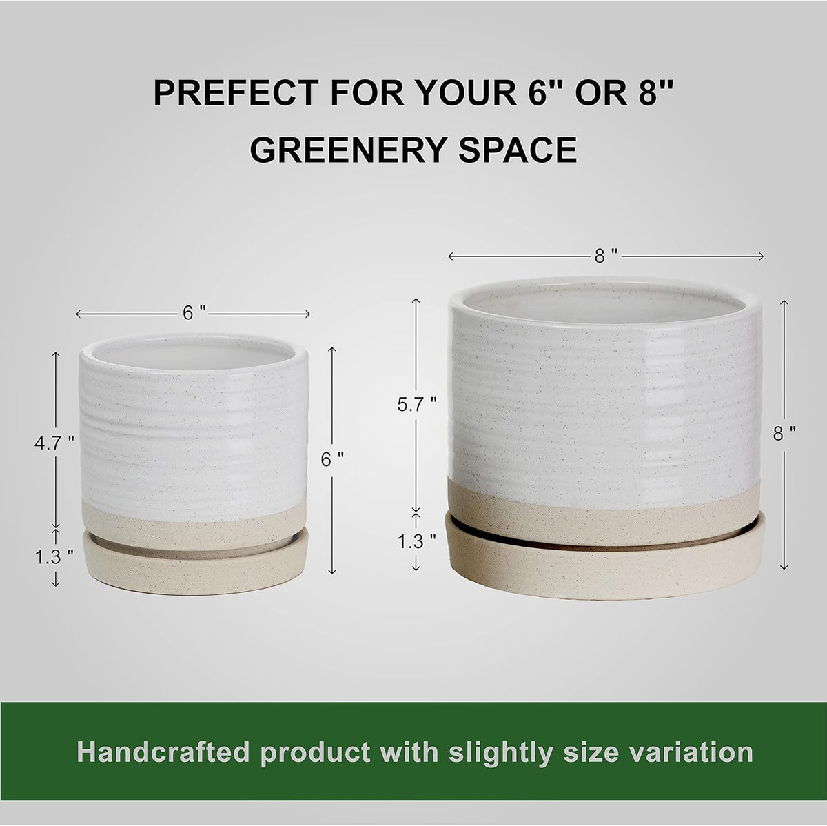 6 + 8 Inch Plant Pots, Ceramic Planter Pot with Drainage Hole & Saucer, Indoor/Outdoor Cylinder
