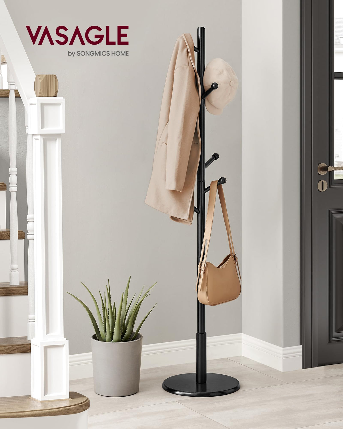 VASAGLE Solid Wood Coat Rack, Free Standing Hall Coat Tree with 8 Hooks, 3 Height Options, for