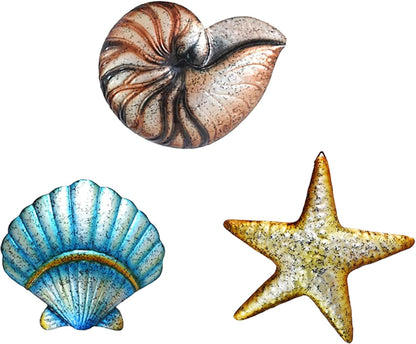 Weibefee 3 Pcs Metal Beach Wall Decor Sea Star Shell Conch Metal Decor Ocean Theme Marine Coastal