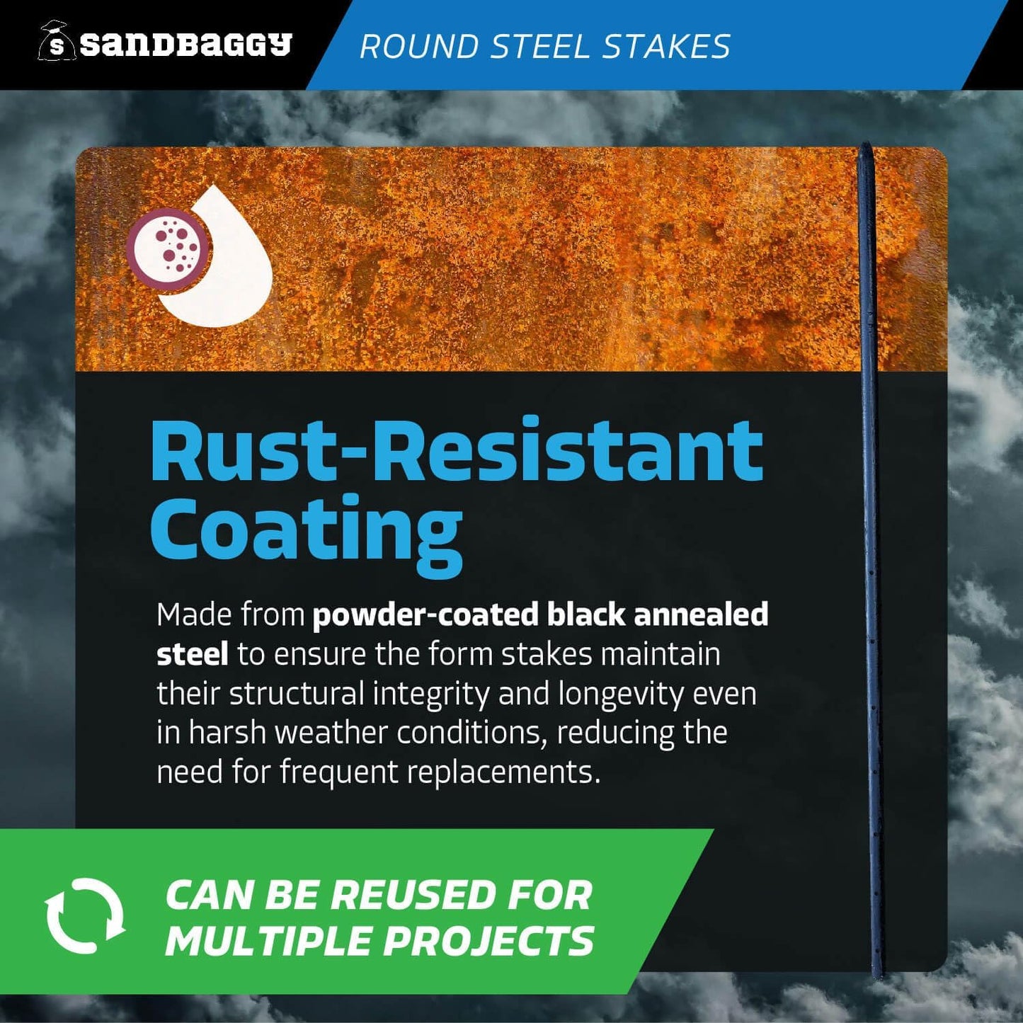 Sandbaggy Round Steel Concrete Form Stakes with Nail Holes - Rust Resistant Coating - Removable