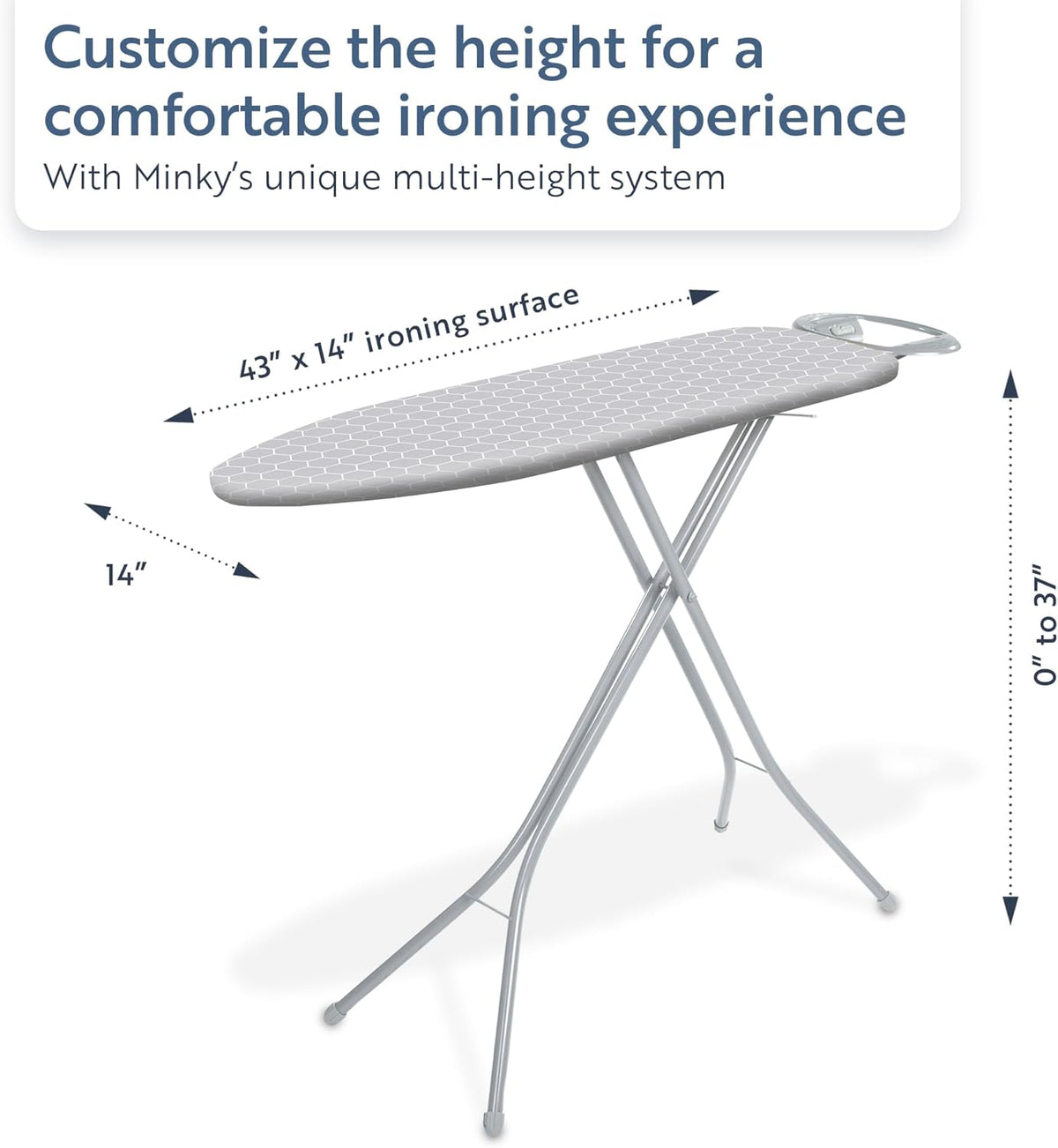 Minky Homecare Classic 4-Leg Ironing Board with Iron Rest - Freestanding Full Size Iron Board for