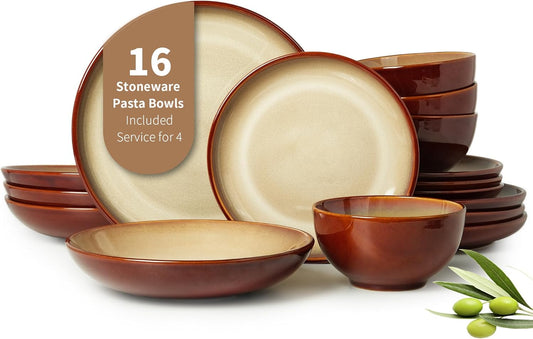 16 Piece Double Bowl Plates and Bowls Sets, Ceramic Dinnerware Sets with Pasta Bowls, Dishwasher &