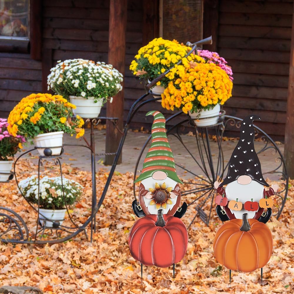 hogardeck Fall Decorations for Home Outdoor, 2 Pcs Metal Gnome Decorative Garden Stakes with